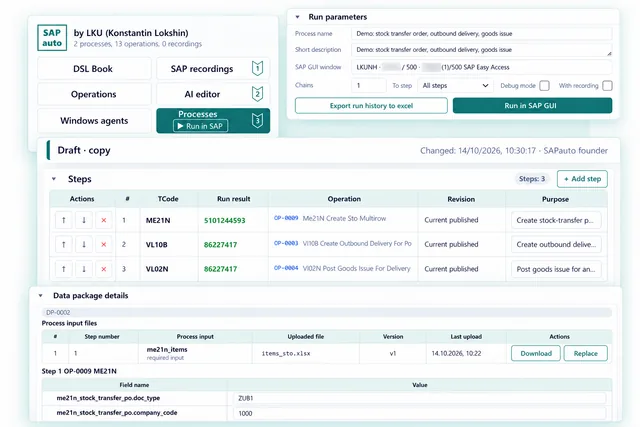 SAPauto interface: run parameters, process steps and a data package with an input file.